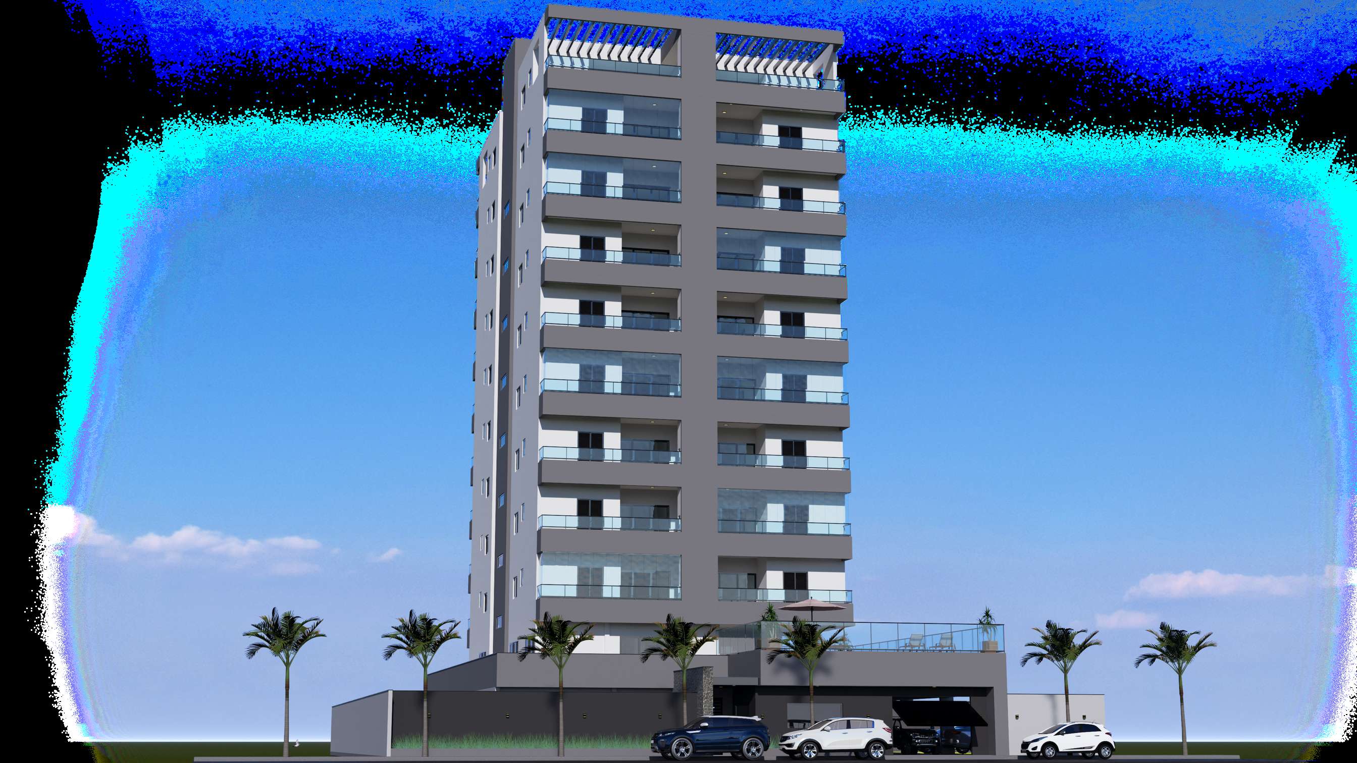 Render do Residencial Trieste, torre única com 7 pavimentos tipo e cobertura duplex