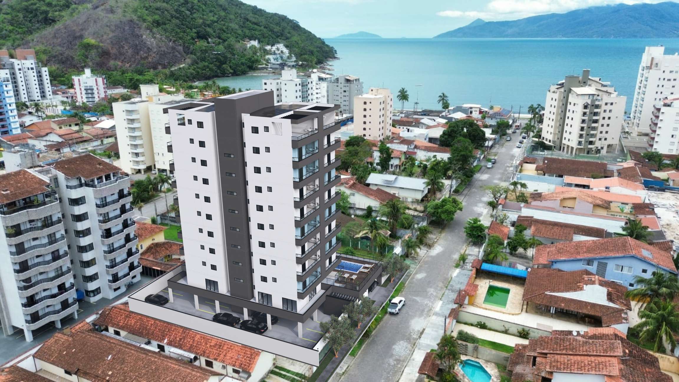 Vista aérea do entorno do Residencial Trieste em Martim de Sá, próximo ao mar