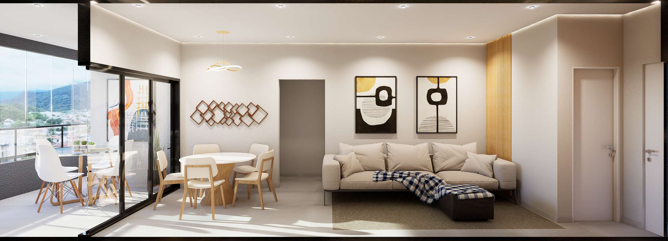 Sala de estar e jantar integrada do apartamento tipo do Residencial Trieste