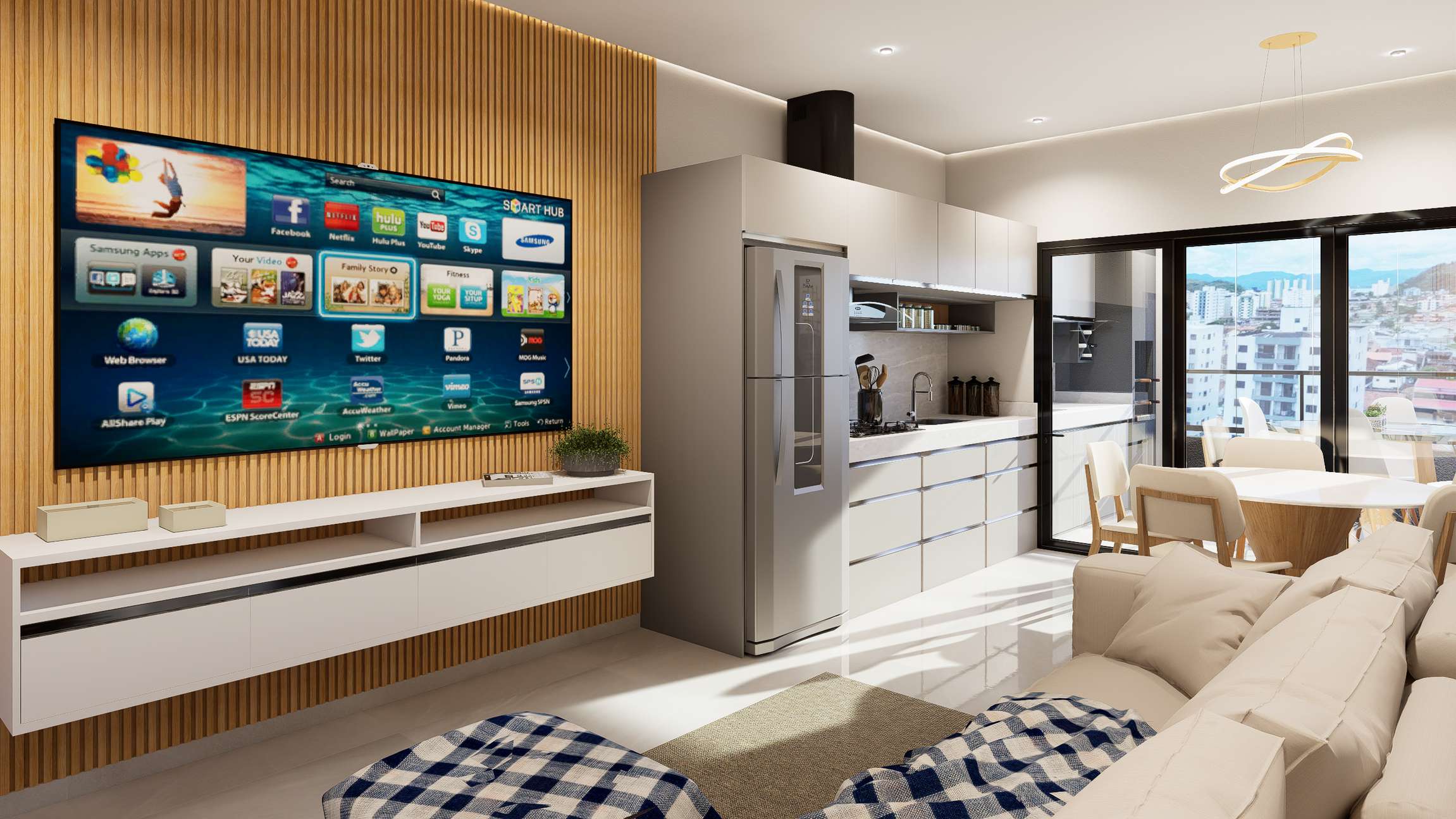 Sala de estar com smart TV do apartamento tipo do Residencial Trieste