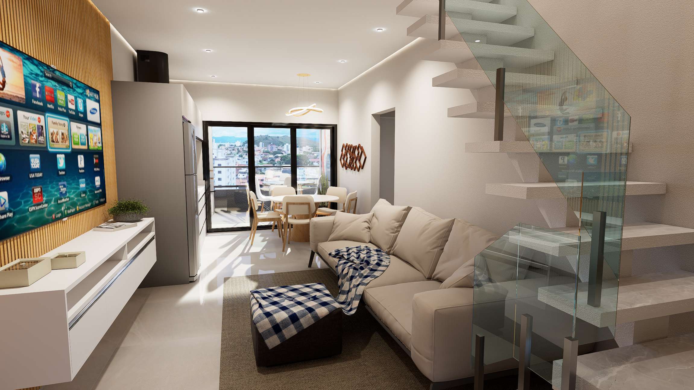 Sala de estar com escada da cobertura duplex do Residencial Trieste