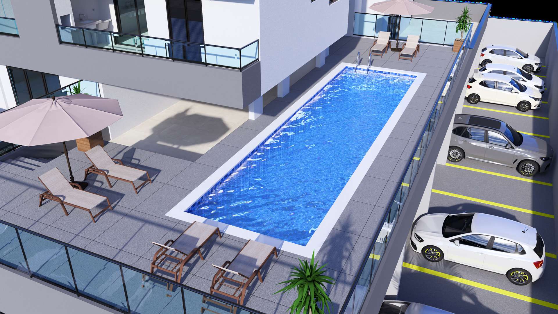 Piscina com solário do Residencial Trieste, vista aérea