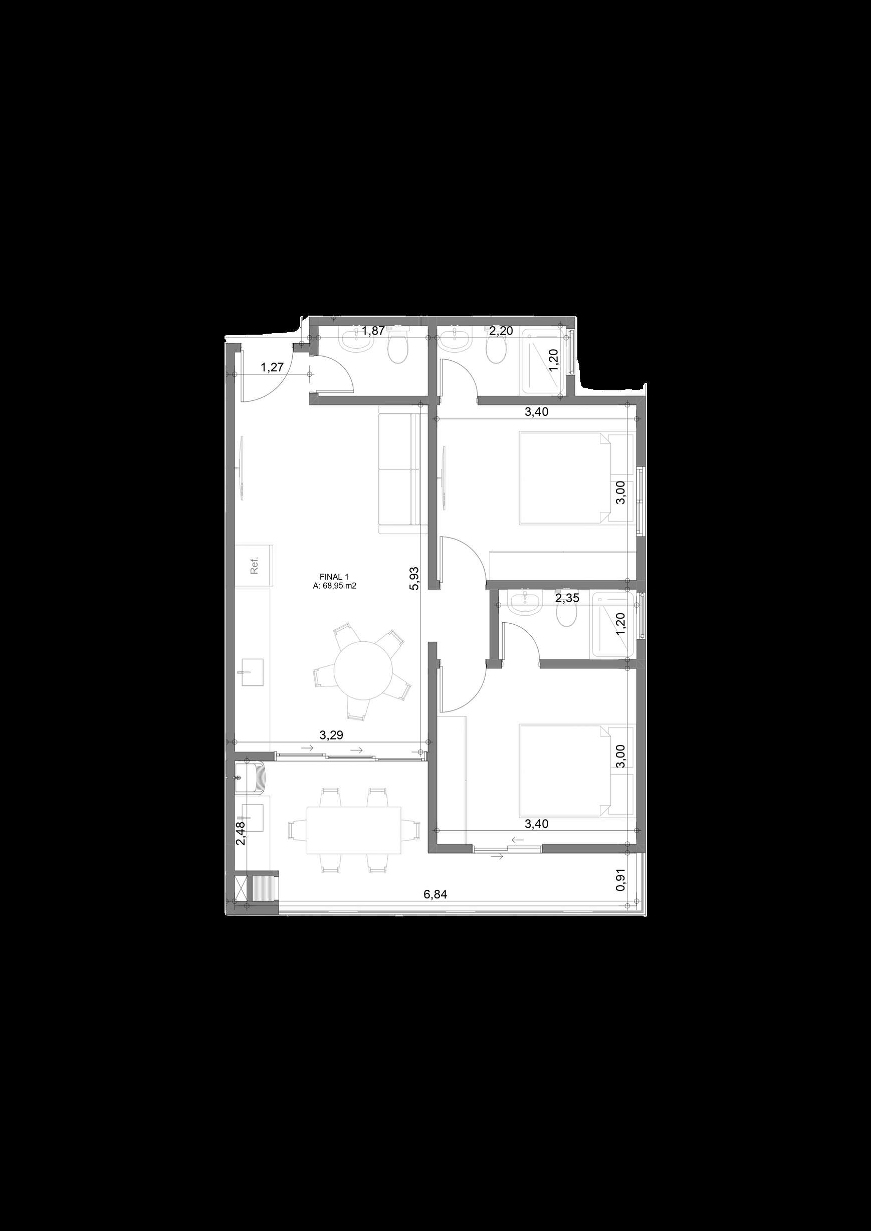 Planta baixa do apartamento tipo de 68,95m² com 2 suítes do Residencial Trieste
