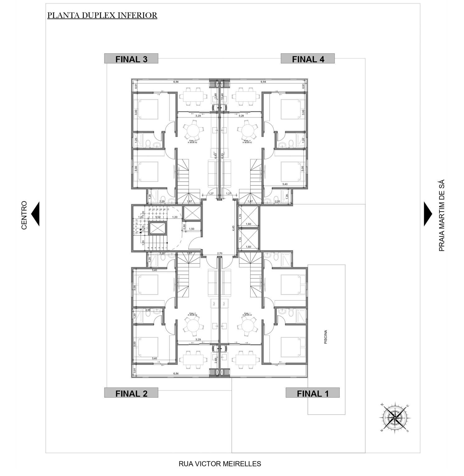 Planta baixa do pavimento inferior da cobertura duplex de 137m² do Residencial Trieste
