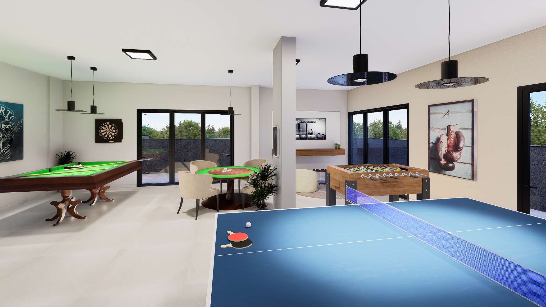 Salão de jogos do Residencial Trieste com sinuca e mesa de ping-pong